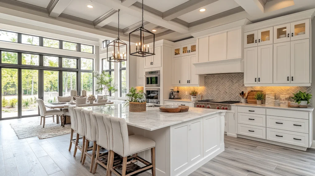 Large modern luxury kitchen featuring white cabinetry, a marble waterfall island with seating, grey herringbone backsplash, and elegant coffered ceilings with lantern pendant lights.