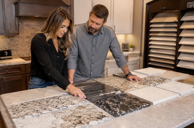 Homeowners reviewing samples of countertops in a kitchen showroom.