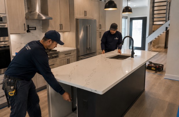Contractors Installing quartz countertops on a kitchen island.