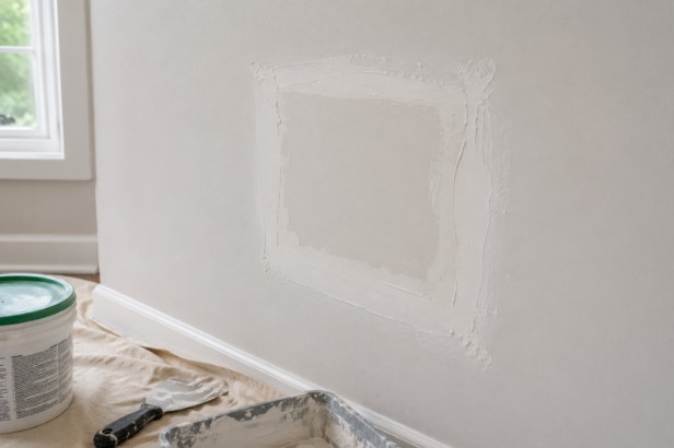 Drywall repair process showing joint compound drying on a wall patch.