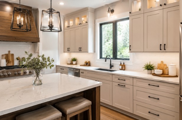 Countertops paired with custom cabinetry in a bright and updated kitchen remodeling project.