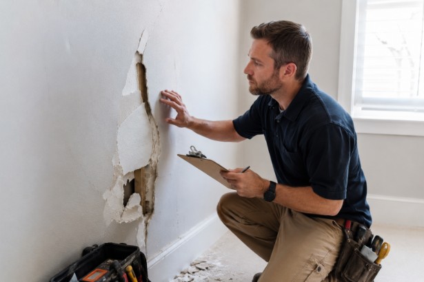 Drywall repair inspection showing a contractor checking wall damage before repairs.