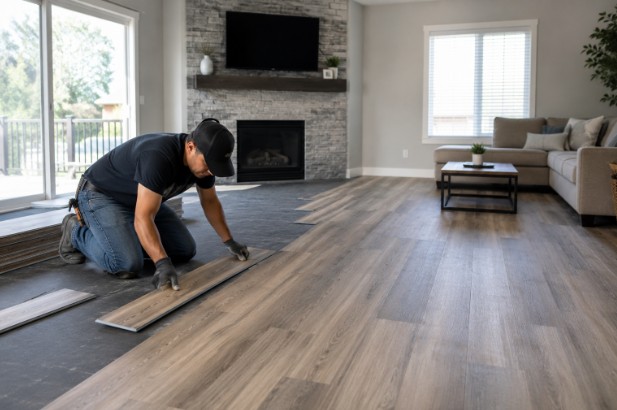 Flooring installation with modern luxury vinyl plank flooring in a bright living room.
