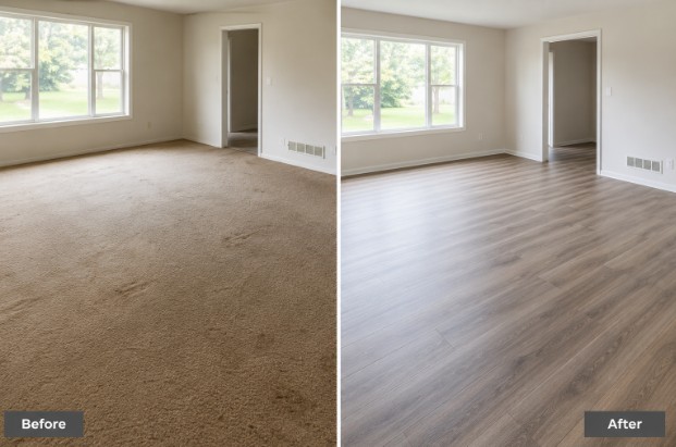 Flooring upgrade replacing outdated carpet with modern hard surface flooring.