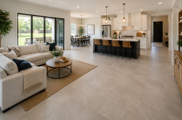 Flooring renovation featuring large-format tile flooring in a bright open-concept kitchen and living area.