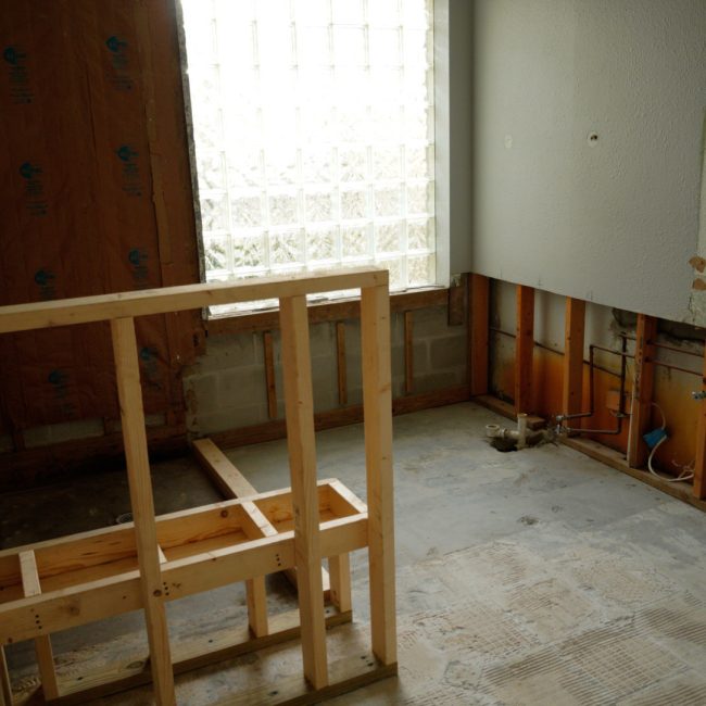 Master bathroom during the demolition and framing stage of a home renovation.